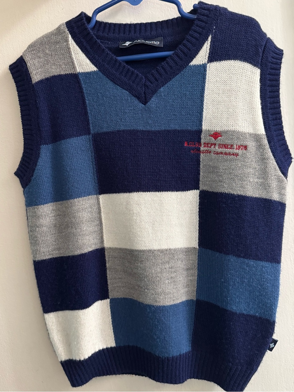 Sleeveless V-Neck Knit Vest Sweater - Navy & Blue Checker